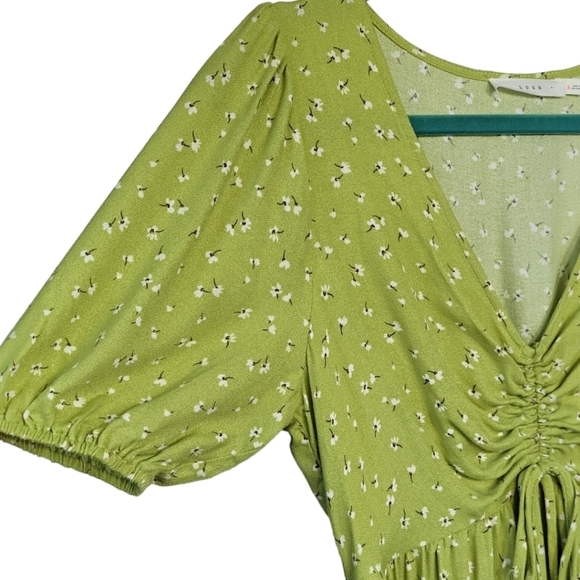 LUSH Sz S Tiered Ruffle Babydoll Mini Dress Ditsy Celery NWOT - Picture 4 of 10